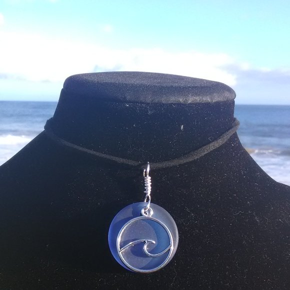 Dark Blue Sea Glass Wave Necklace - Picture 1 of 1